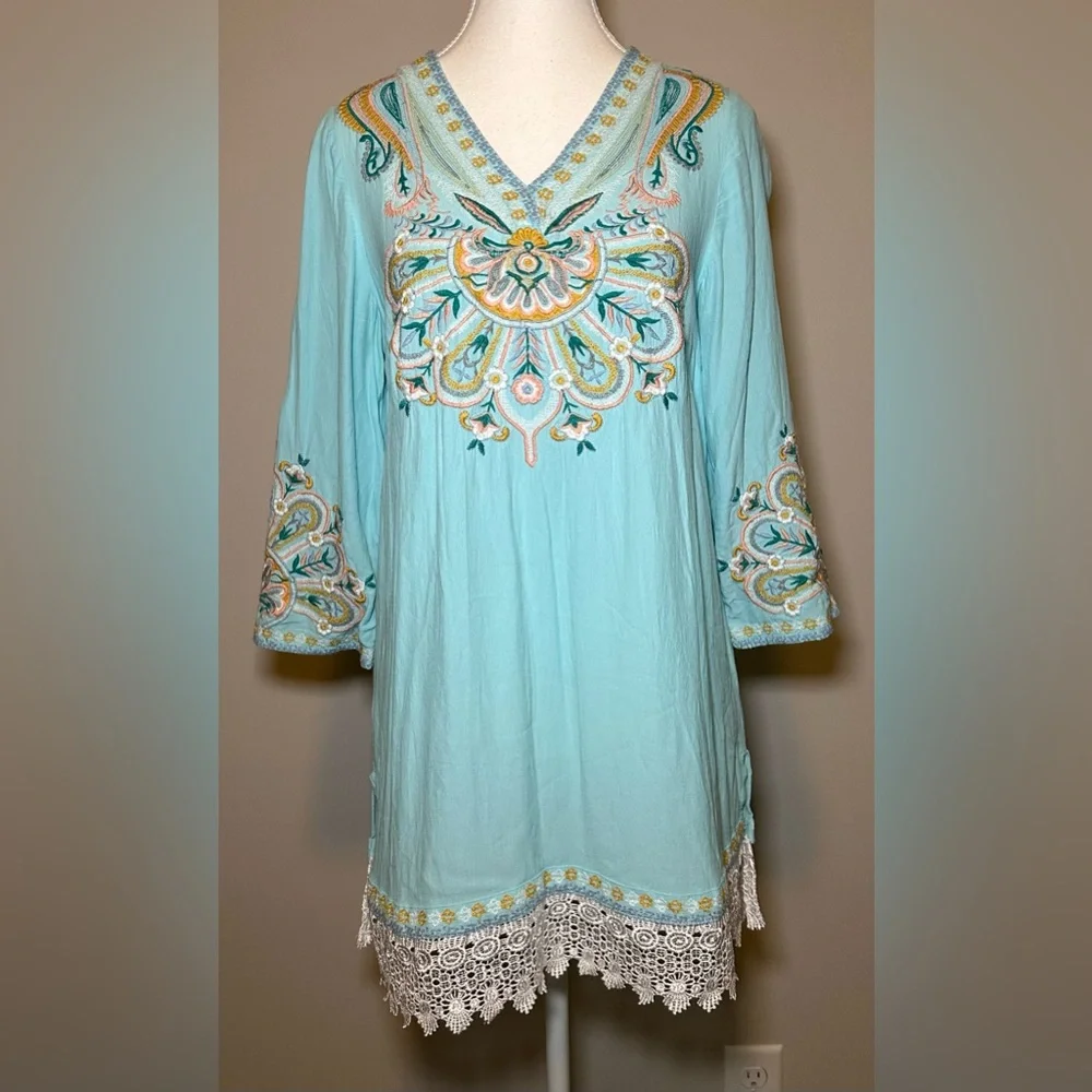 Soft Surroundings Blue River‎ Island Embroidered Tunic Boho Viscose Lace Hem XS
